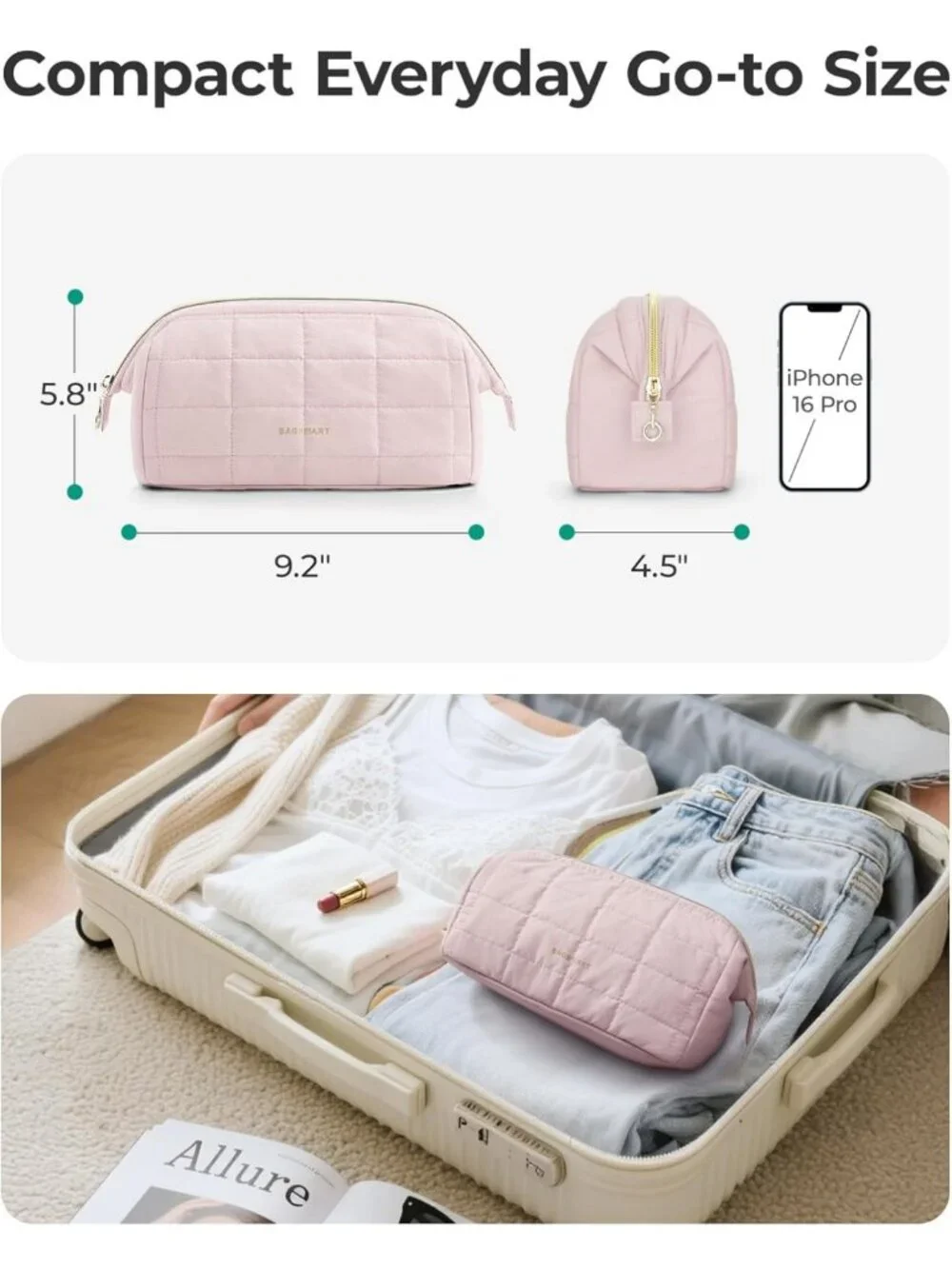 Padded Pink Makeup Bag | Travel Toiletry Organizer, Wide-Open Zipper Pouch